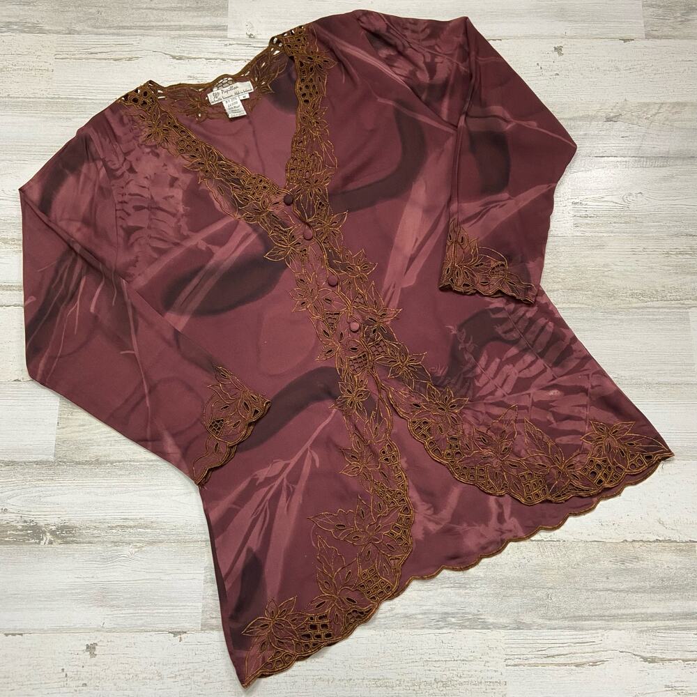 Papillon Embroidered Blouse Brown Tie Dye Button Front Boho Fairy Size M - Picture 8 of 8
